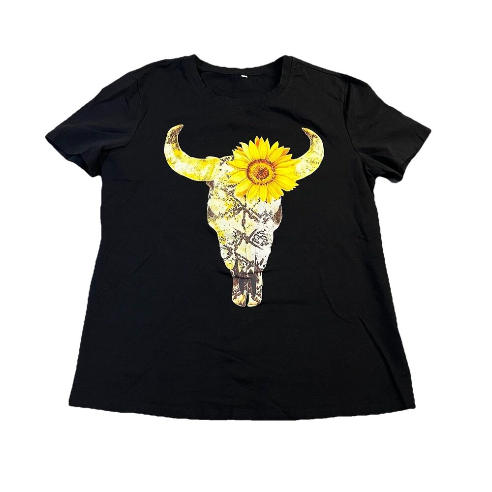 Womens Western Shirt Black Cow Skull Yellow Sunflower Graphic Tee Size M Boho